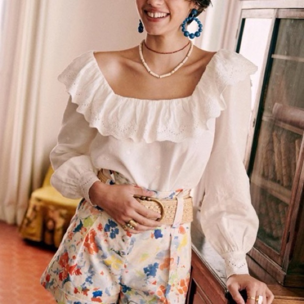 Sezane | NWT Francesca Embroidered Linen Cotton Ruffle Blouse FR 36/US 4 Ecru